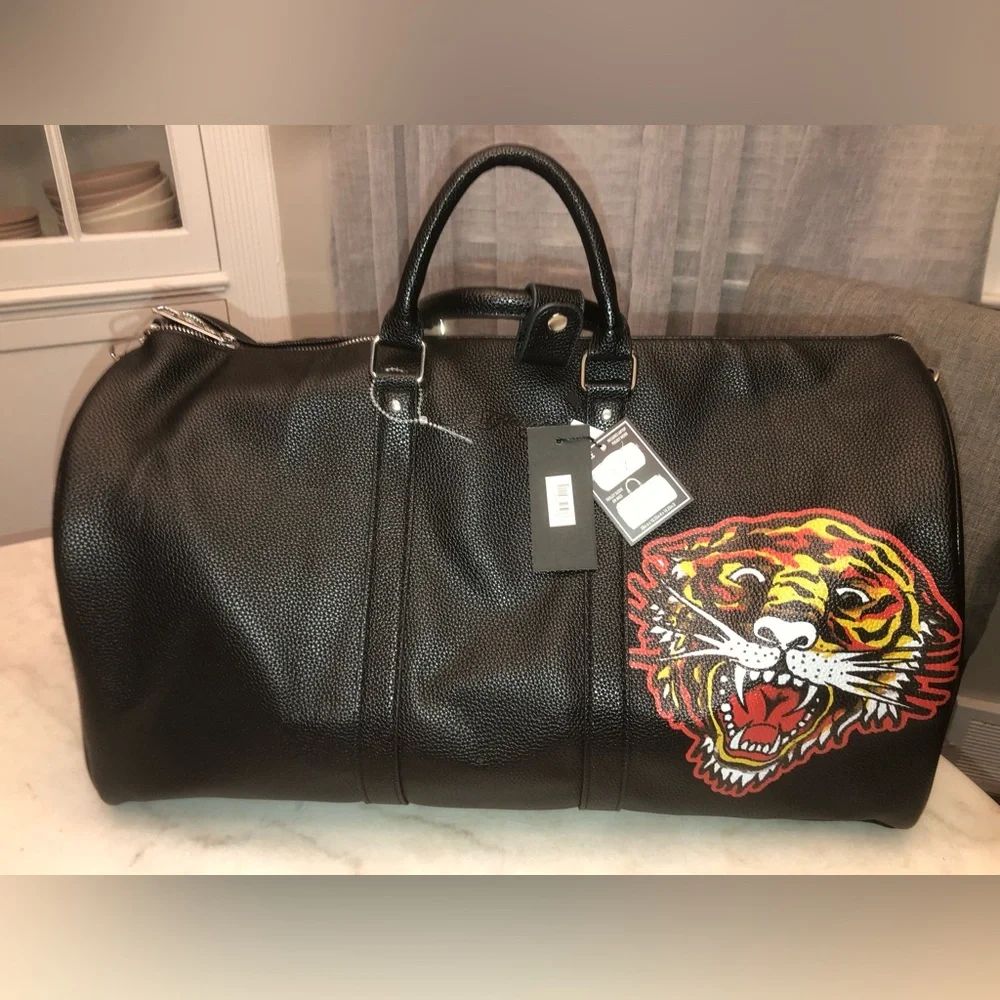 ‼️ ED HARDY. Black Leather-Look Weekend Duffel Bag with Tiger
